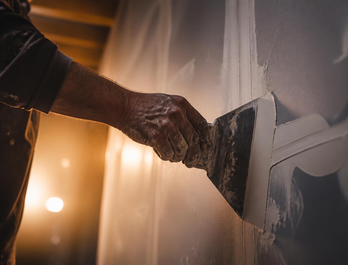Drywall finisher smoothing joint compound across a seam
