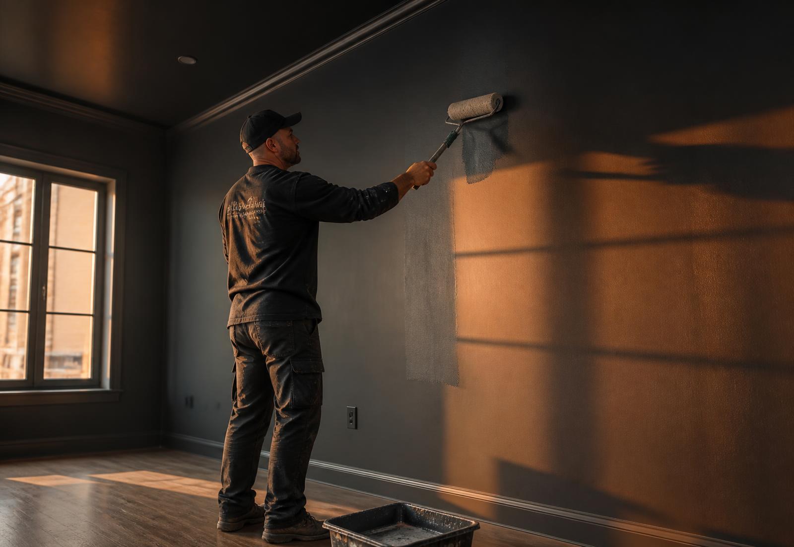 Painter rolling a fresh coat of paint onto a finished drywall wall